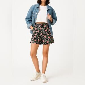 VINTAGE MEMPHIS High-Rise Floral Shorts | Size 28 | Black | 90s Botanical Print